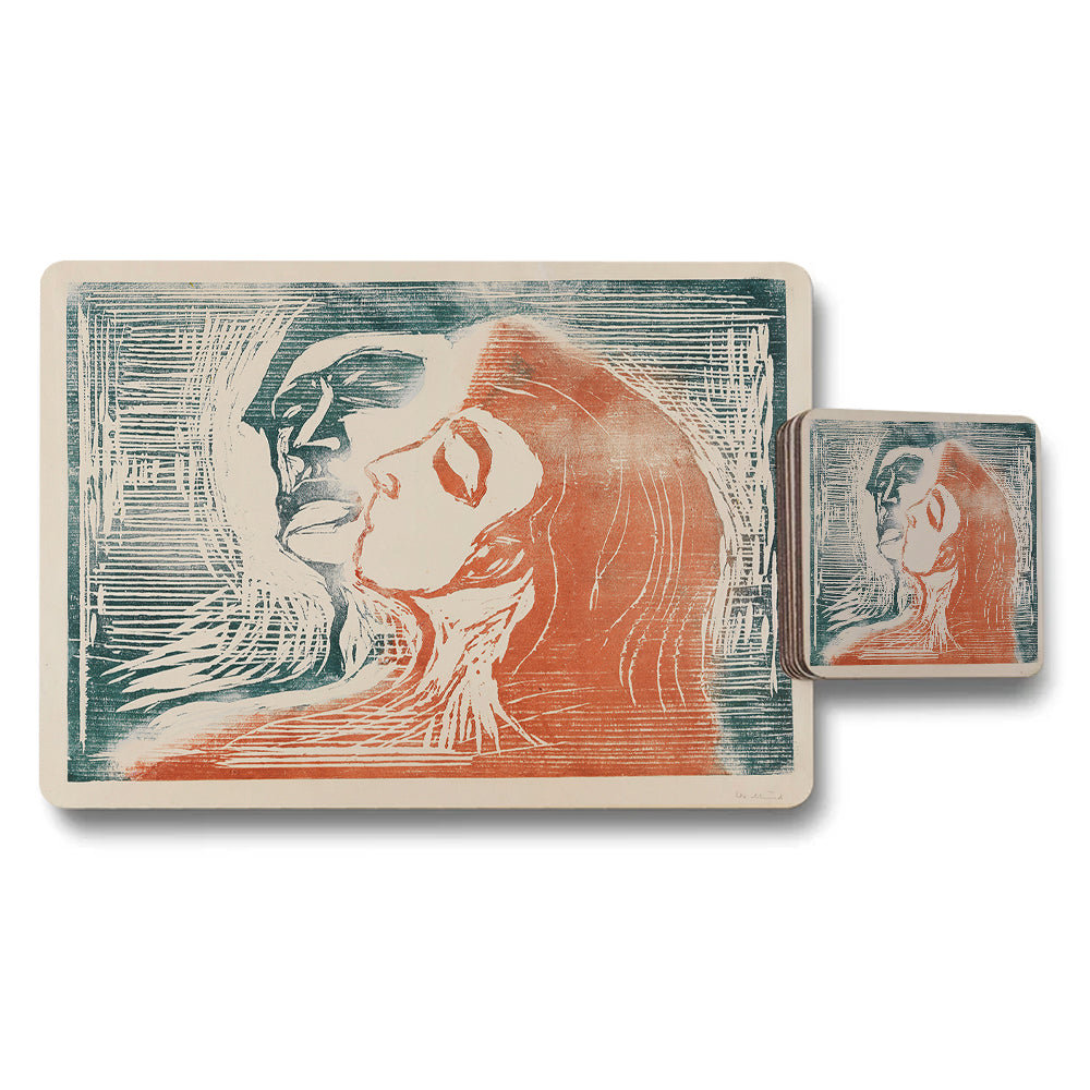 Placemat And Coaster Set With Abstract Blue And Red Portrait Artwork