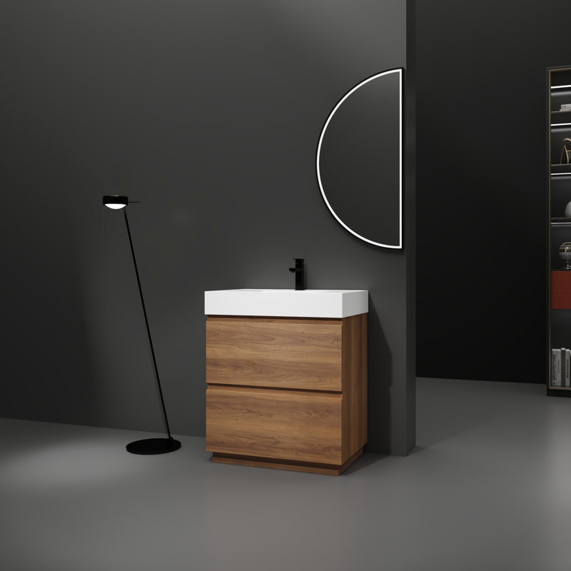 Meuble-lavabo de 30 po avec lavabo simple. Meuble-lavabo sous-comptoir moderne à deux tiroirs. Autoportant, bois d'ingénierie, brun. Luminaire autoportant contemporain à 2 éléments resplendissants