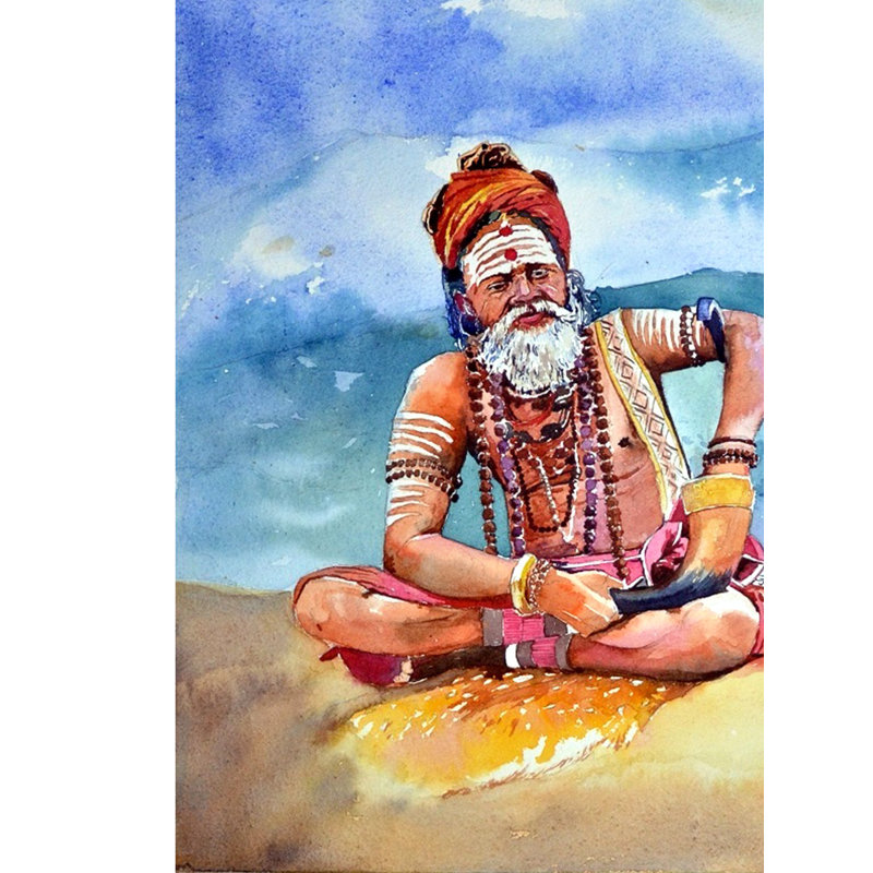 Sadhu à Kedar Nath | Aquarelle sur papier | Par Rajib Agarwal