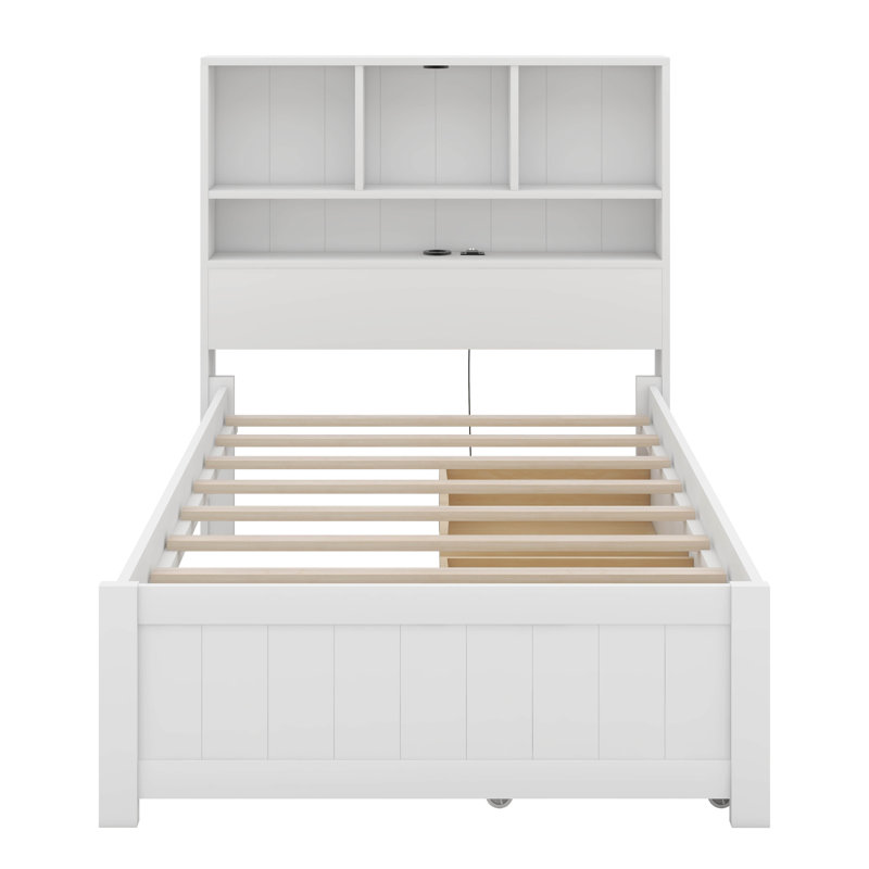 Twin Size Wood Platform Bed With Bookcase Headboard And 2 Side Drawers, Bed Frame With Built-In Downlight And Charging Station