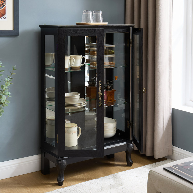 Elegant Light Oak Curio Cabinet with Tempered Glass Doors, LED Light, Mirrored Back Panel & Adjustable Shelves – Perfect Display Storage for Home & Office