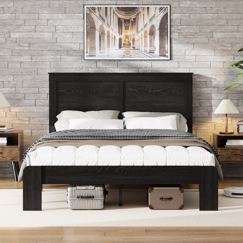 Wood Platform Bed Frame For King Size, Silent And No Box Spring, Quick Assembly Novices, Big Under Storage Space, Antique Black, Modern Bedroom Decor Simple Process, Area, Piece