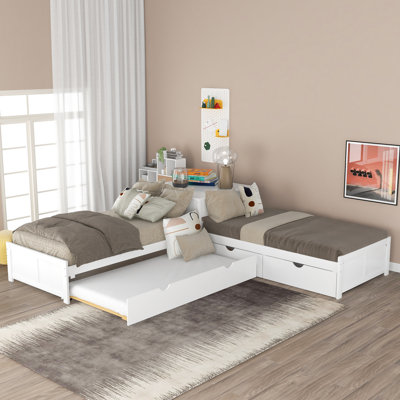 Lit plateforme en L avec lit gigogne et tiroirs reliés par un bureau intégré, simple, blanc