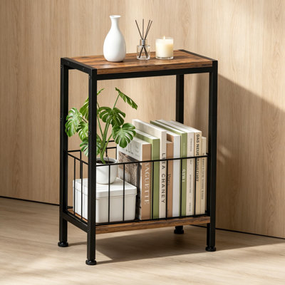 Narrow Side Table with Magazine Holder, Slim End Table for Small Spaces, Compact Sofa Table with Storage Shelf, Nightstand for Living Room, Bedroom, Office