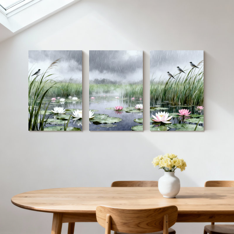 Paysage et nature, étang à nénuphars avec oiseaux et pluie, ensemble de 3 impressions sur toile, H 18 po x l 36 po