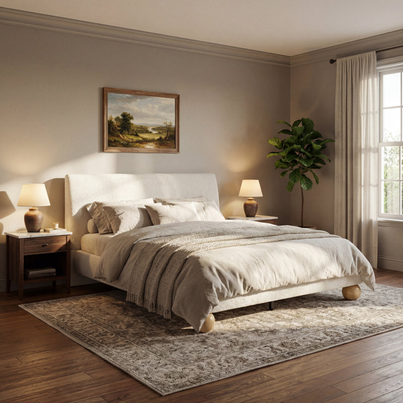 Arlo Modern Glam Upholstered Bed Frame with Thick Curved Headboard and Solid Wood Legs, Off White Boucle