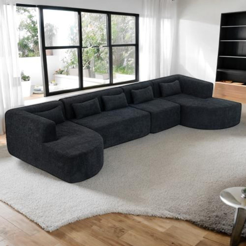 Canapé modulaire Boucle avec méridiennes incurvées et support de coussin à ressorts ensachés, revêtement doux et respirant pour le salon