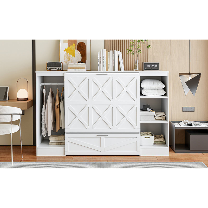 Lit simple blanc avec rangement et tablettes de chevet - structure stable de taille option garde-robe et design fonctionnel