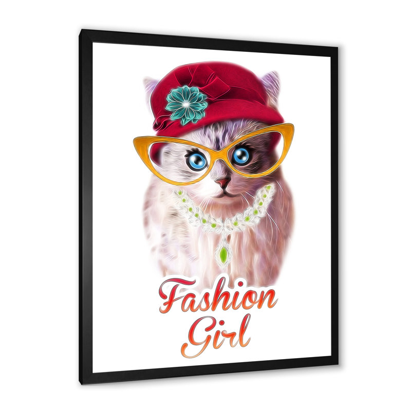 Hipster, chat amusant avec chapeau - décoration murale pour enfants, art sur toile, Toile avec cadre noir