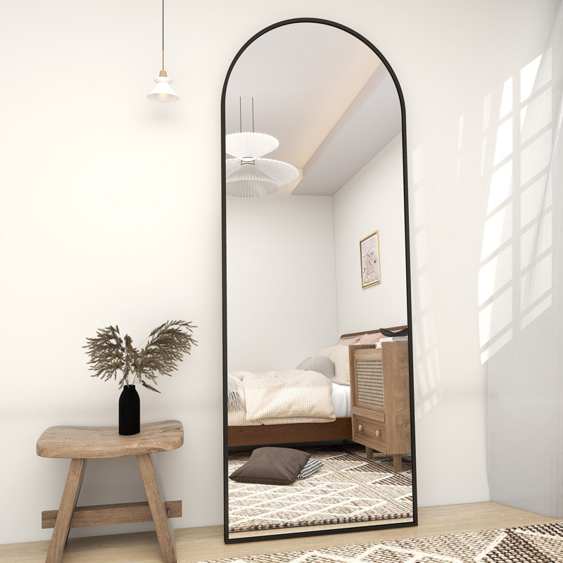 Arched Metal Oversized Full Length Mirrors Wall Mirrors with Stand, Black, 64" x 21"