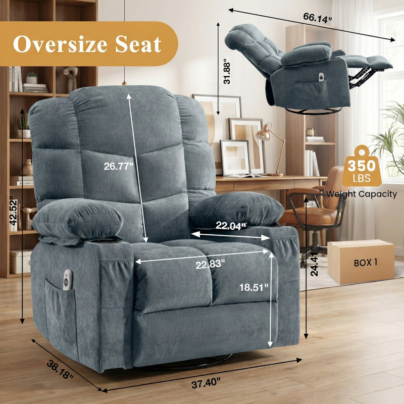 Fauteuil inclinable surdimensionné super doux avec chaleur et massage, Bleu