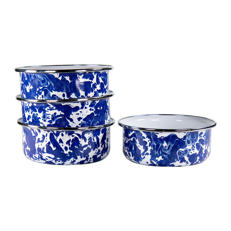 Set of 4 Blue Enamel Swirl Ceramic Soup Bowls
