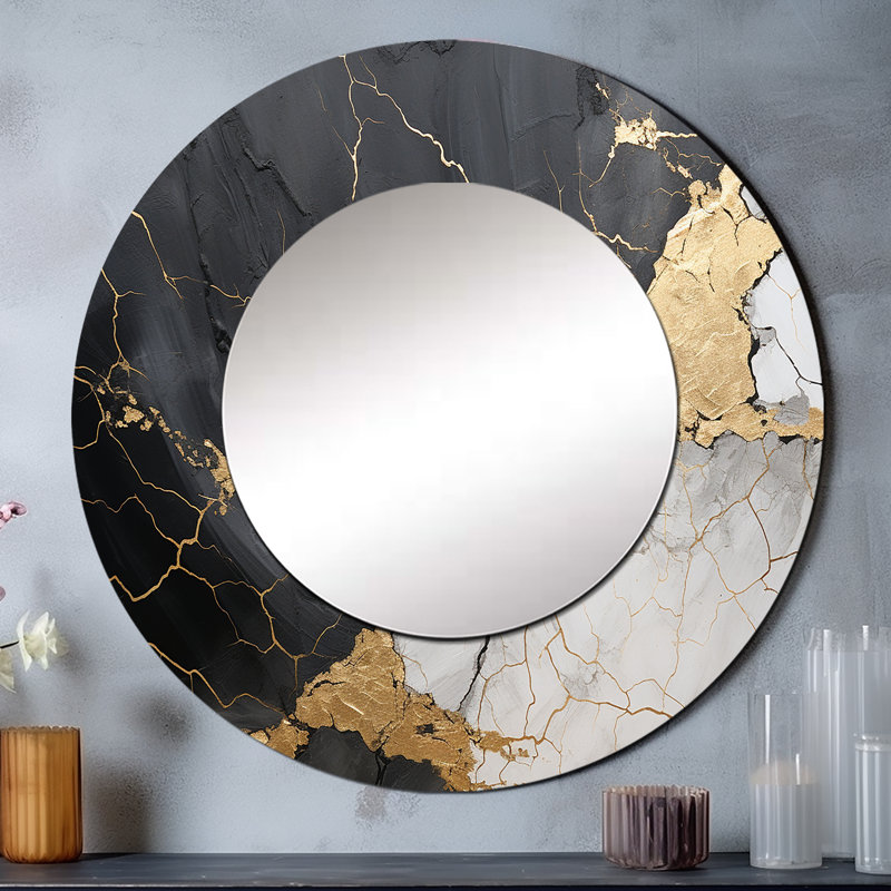 Black Gold Adorned Poteries III - Abstract Spirals Round Mirror Wall Decor_MTMIR107328, 23" x 23"