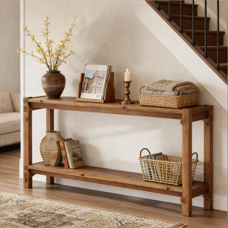 63" Solid Wood Console Table with Dual Shelves