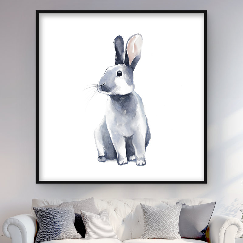 Gray Curious Rabbit - Framed Matted Print for Home Decor