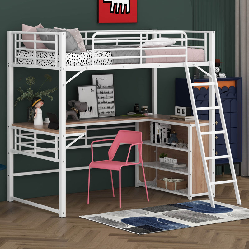 Loft Bed With 3 Layers Of Shelves And L-Shaped Desk, White, Twin