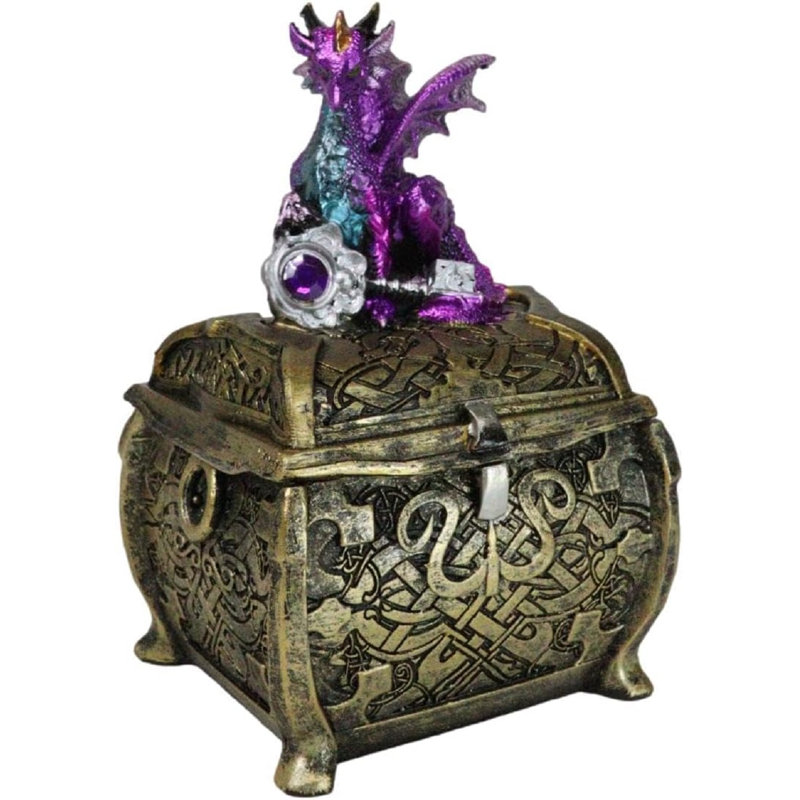 Metallic Twilight Dragon Holding Rune Key On Treasure Chest Trinket Box