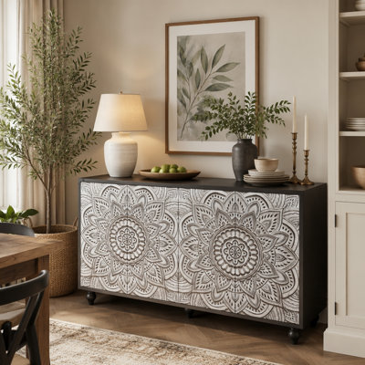 60" Boho Mandala 3D Embossed Sideboard Buffet Cabinet, 4 Door Black Farmhouse Credenza with Push-to-Open Doors, Adjustable Storage Cabinet with Turned Wood Legs for Dining Room Entryway Living Room