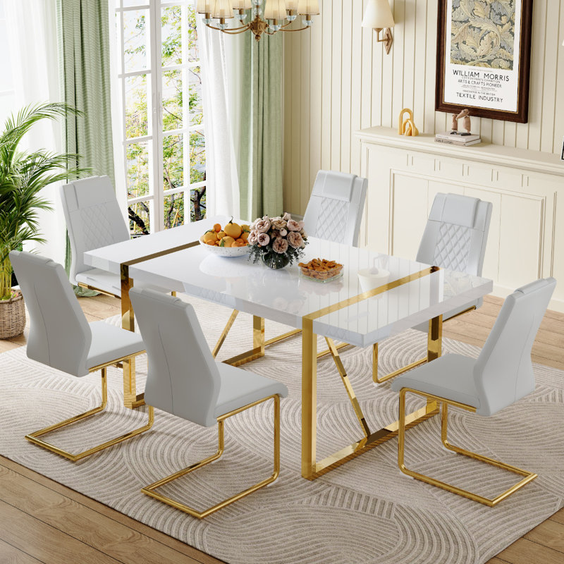 Neguta 6 - Person Dining Set, Modern Rectangular Dining Table Set with 6 Luxury Faux Leather Dining Chairs, White/Gold, Gold