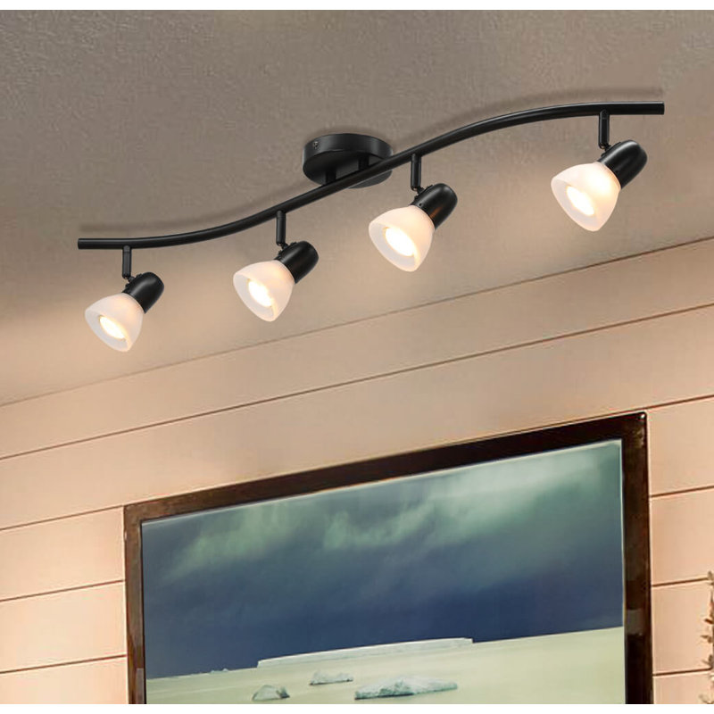 Modern Black Curved 4-Light Track Ceiling Fixture with Alabaster Glass