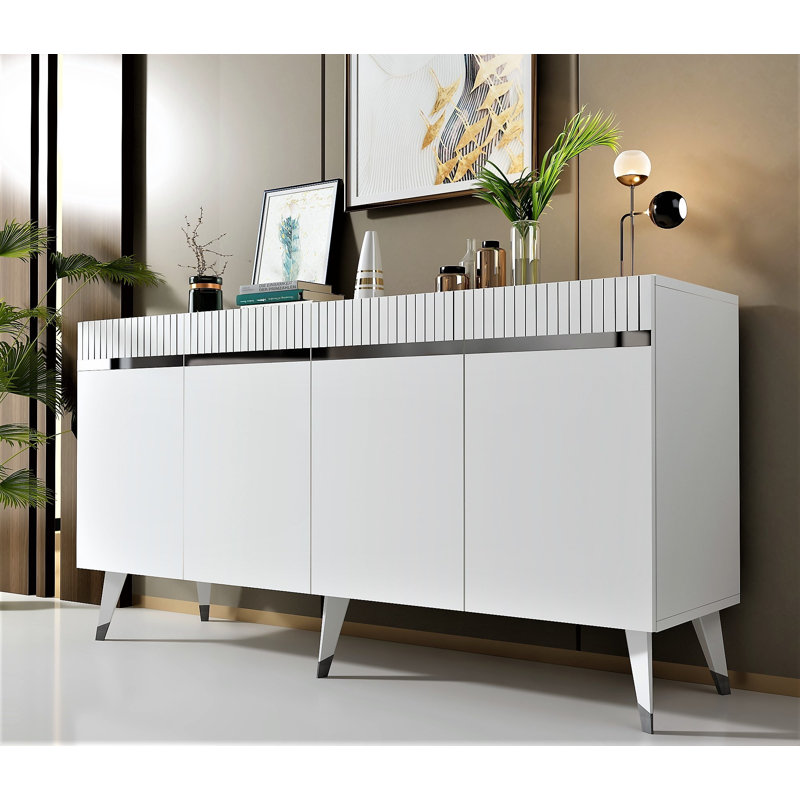 Console moderne, blanc et argent, panneau de particules recouvert de mélamine à 100%, épaisseur: 0,7 pouce | Conception géométrique élégante, parfaite pour le salon et le vestibule, durable et élégante