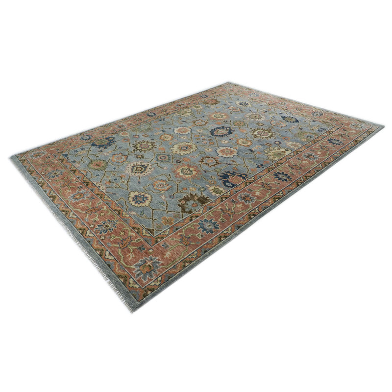 Tapis bleu en laine noué à la main 10 pi 1 po x 13 pi 11 po Oushak, Bleu brun, Rectangulaire 10 pi 1 po x 13 pi 11 po