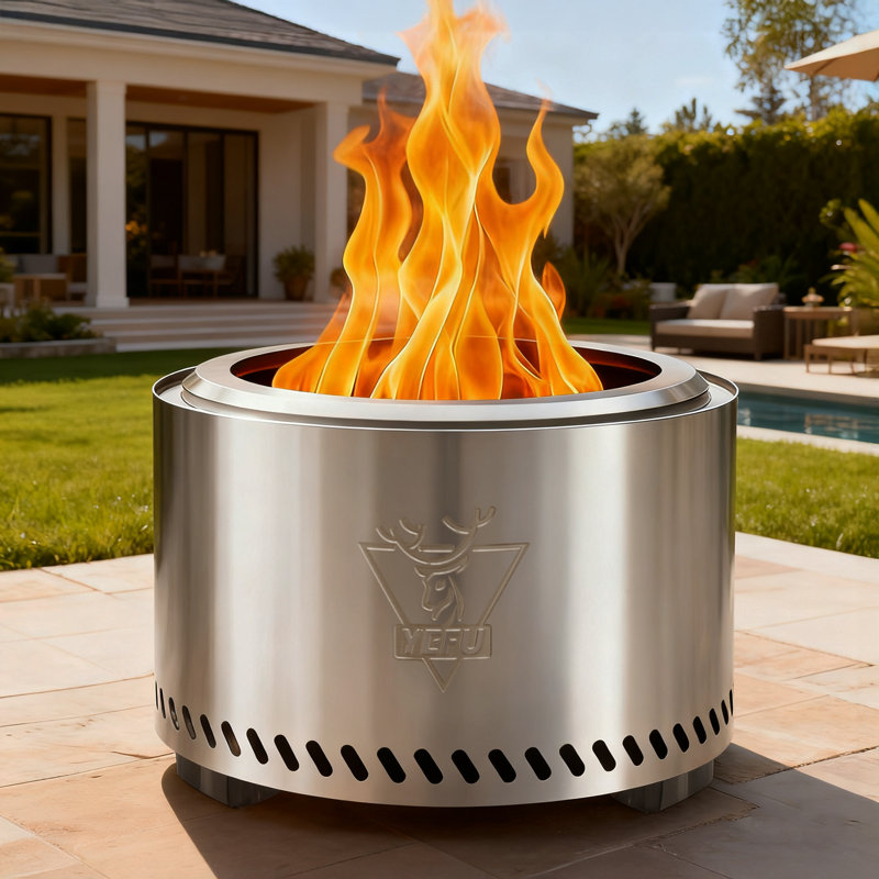 Outdoor Fire Pit, 27'' Stainless Steel Smokeless Fire Pit with Removable Ash Pan Wood Burning Outdoor Fireplace
