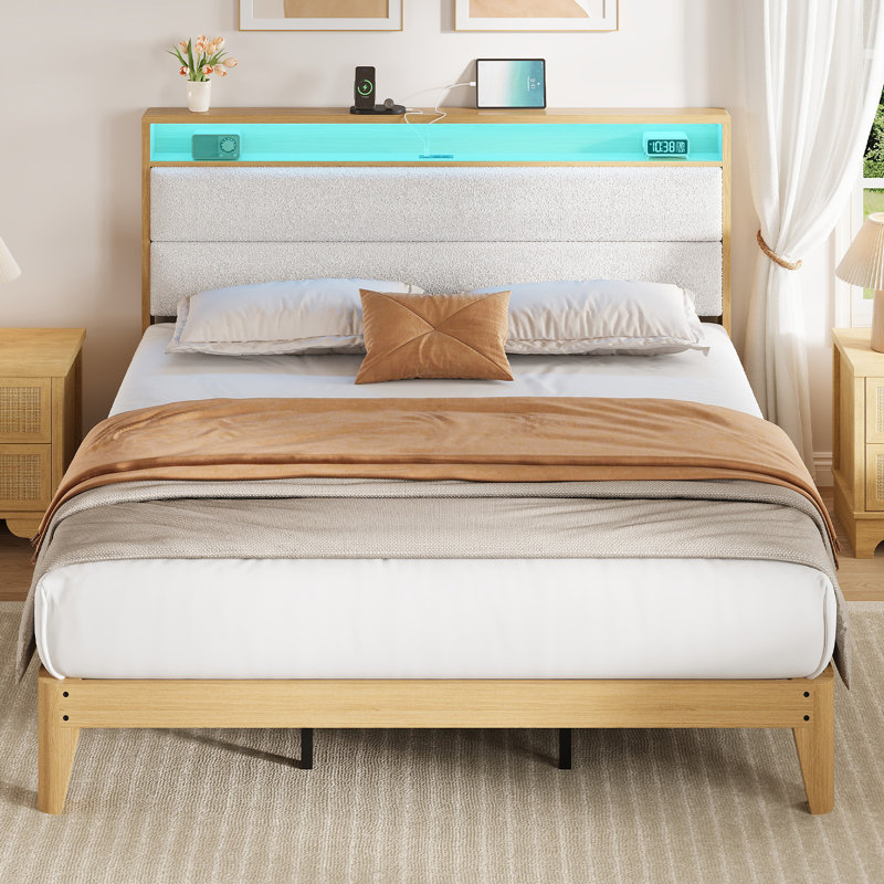 King Size Storage Headboard Boucle Bed Frame, Upholstered, 2 Shelves, Built-in Charging Station, Sturdy Wood Slats, Noise-Free, Easy Assembly, No Box Spring Needed, Pure White