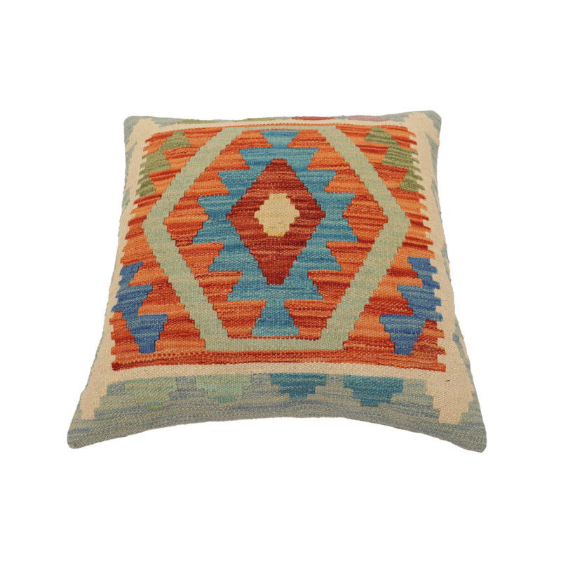 Coussin rustique Kilim, H 20 po x l 20 po, Beige / Bleu / Orange