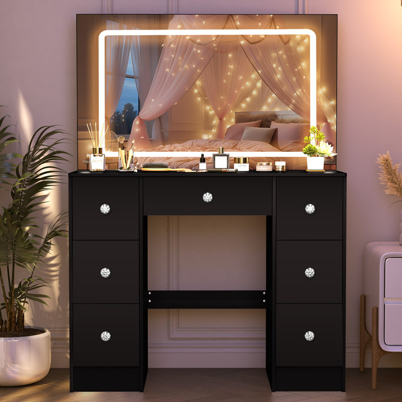 Table de coiffeuse avec grand miroir et lumières à DEL, bureau de maquillage avec 7 tiroirs et poignée en cristal pour filles, noir