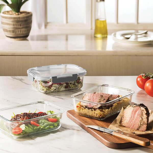 Prime Cook Rectangular Glass Food Container with Lid 3 Piece Set - Clear
