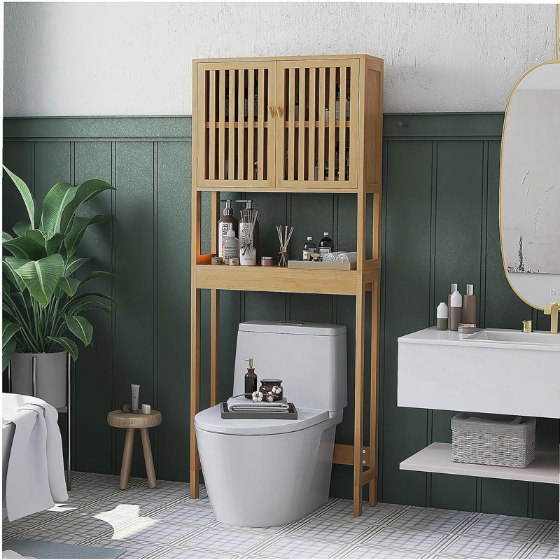 Bamboo Over the Toilet Storage Cabinet, Over Toilet Bathroom Organizer with Slatted Doors, Adjustable Shelf and Open Shelf, Natural