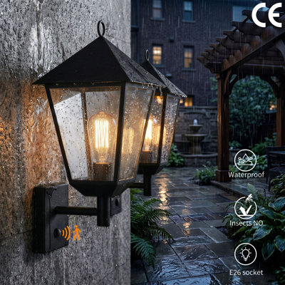 European Outdoor Wall Light with Motion Sensor, 17.7" (45 cm) Black E27 Exterior Lantern Sconce