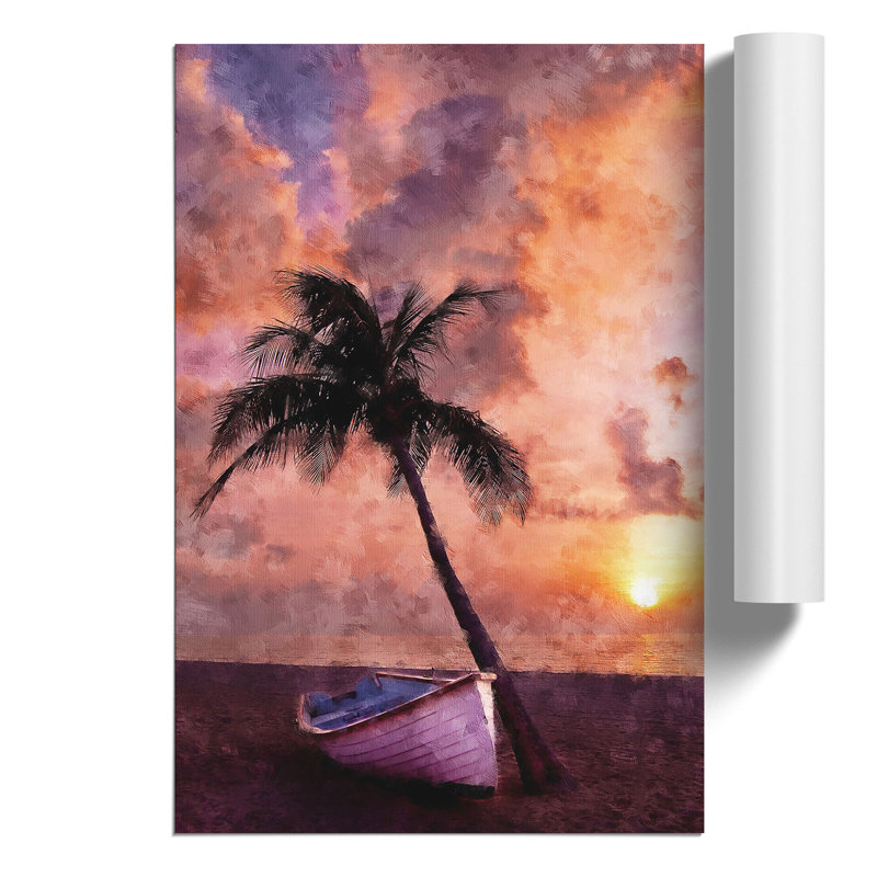 Palm Tree and Boat Painting - Frameless Print, 42cm H x 30cm W x 0.1cm D