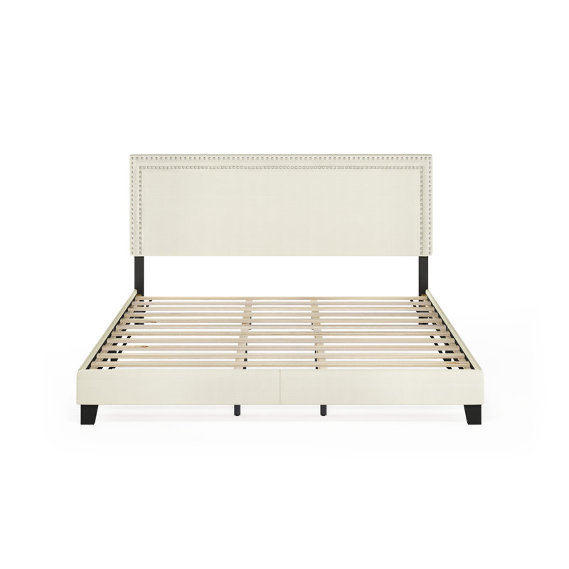 Lit plateforme tapissier à profil bas Carlester, Très grand, Crème, 100% polyester