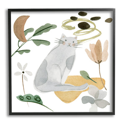 «Floral Happy Cat Botanicals» par Melissa Wang - peinture encadrée sur bois