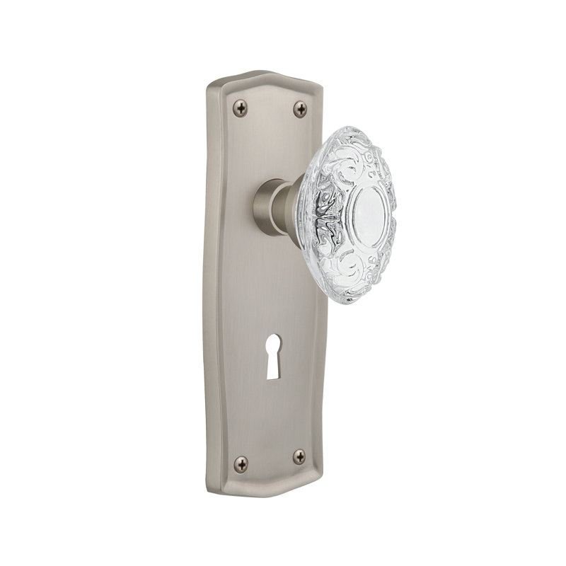 Bouton de porte de mortaise intérieure en cristal avec plaque longue prairie Victorian, Nickel satiné