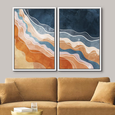 Reproduction de formes abstraites sur toile à motif d'aquarelle bleu marine, orange et blanc, 2 pièces