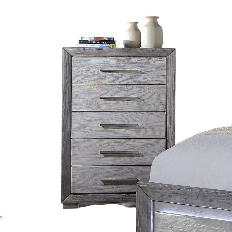 1pc Commode de style transitionnel, pieds en métal, glissières à billes, poignées de bar, finition grise