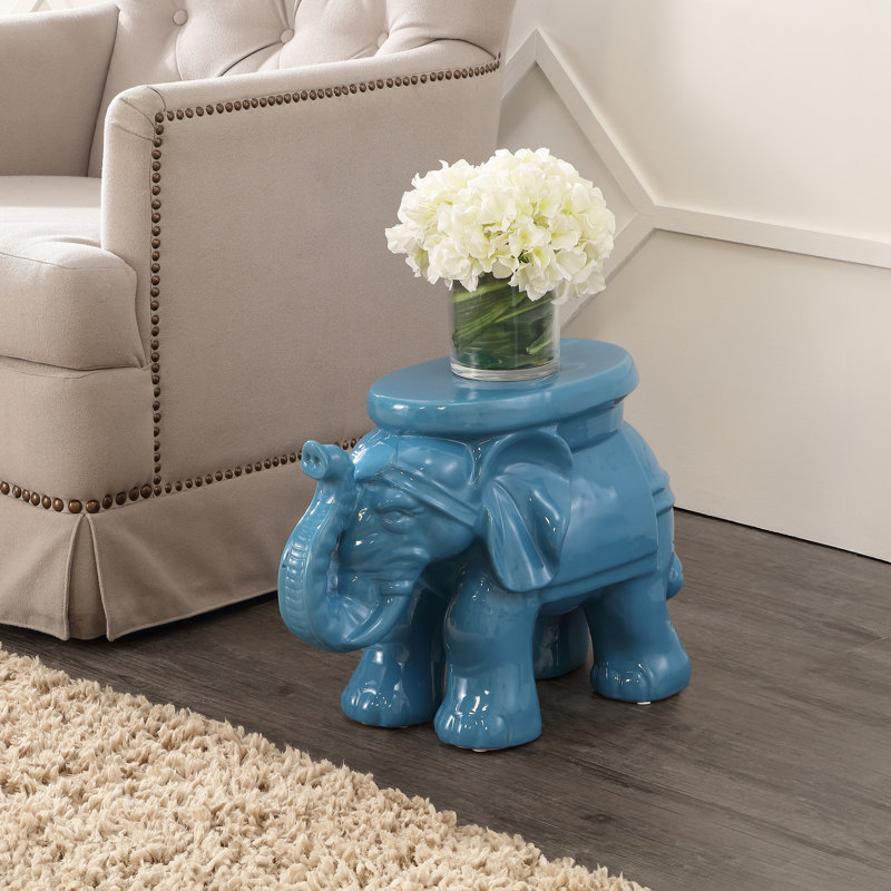 White Elephant 14.25" Bohemian Glazed Blue Ceramic Elephant Garden Stool, Weather-Resistant Indoor/Outdoor Patio Side Table & Plant Stand