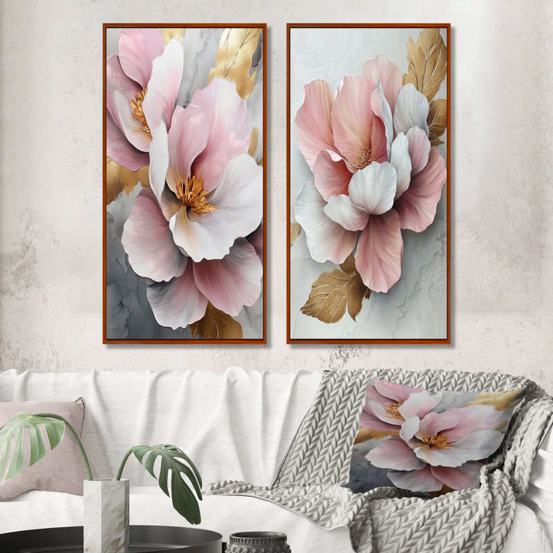 Blanc et rose, pivoines élégantes I - Collection de 2 panneaux muraux floraux, H 28 po x l 25 po, Cadre flottant brun
