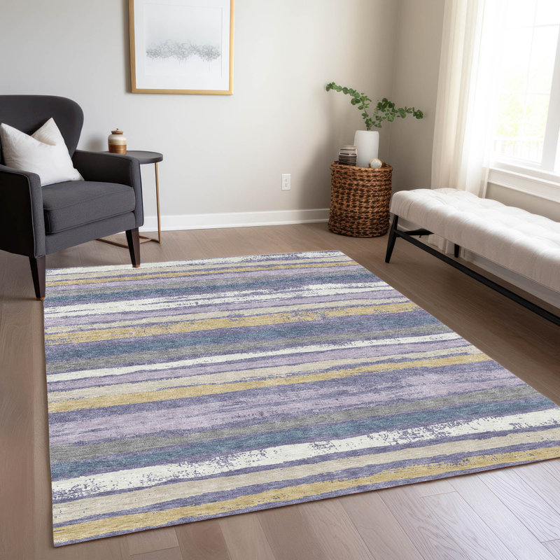 Purple and Beige Striped Synthetic Washable Rug