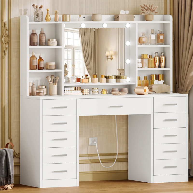Coiffeuse avec miroir lumineux et station de recharge, bureau de maquillage avec 11 tiroirs et 4 étagères ouvertes pour chambre, blanc