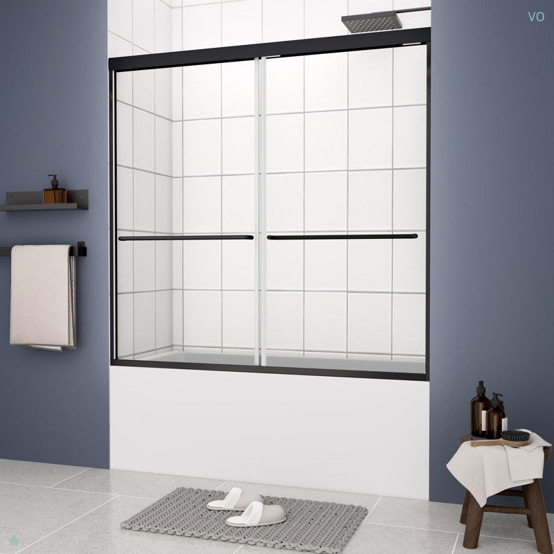 Porte de douche de baignoire, porte coulissante, avec verre trempé de 1/4 po et 56-60 po x 58 po, Noir mat