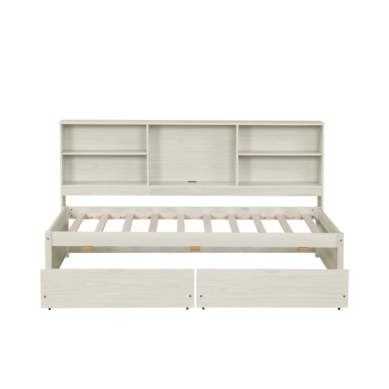 Twin Bed Frame With Side Compartments, Two Drawers And Charging In Creamy White Compartments Drawers, Included, Creamy White