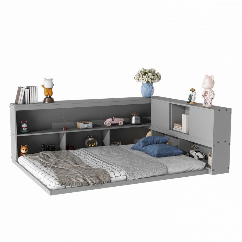 Floor Bed With L-Shaped Bookcases, Grey