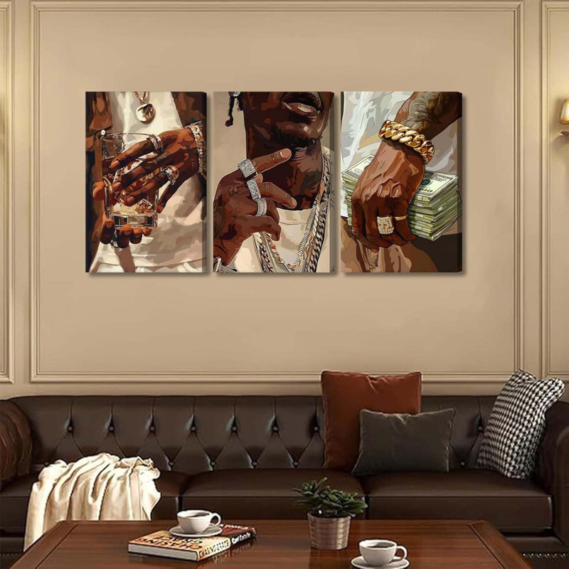 3Pcs Fashion African American Black Man Canvas Wall Art Modern Money Poster Print Pictures Hip-Hop Aesthetics Luxury Street Wall Decor Artwork For Teen Room DJ Studio Home Decoration