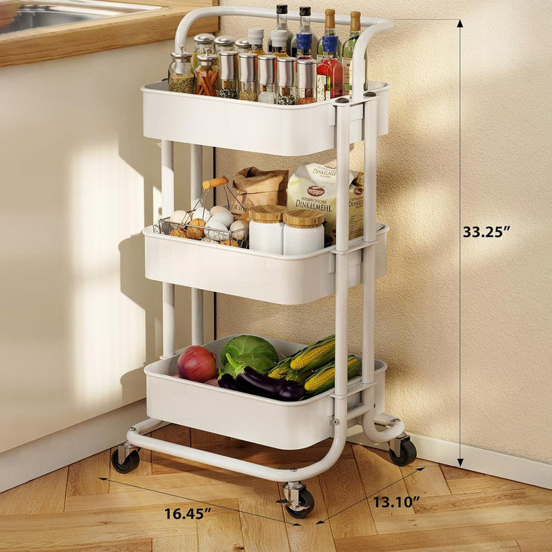 White 3-Tier Metal Rolling Utility Cart with Lockable Wheels