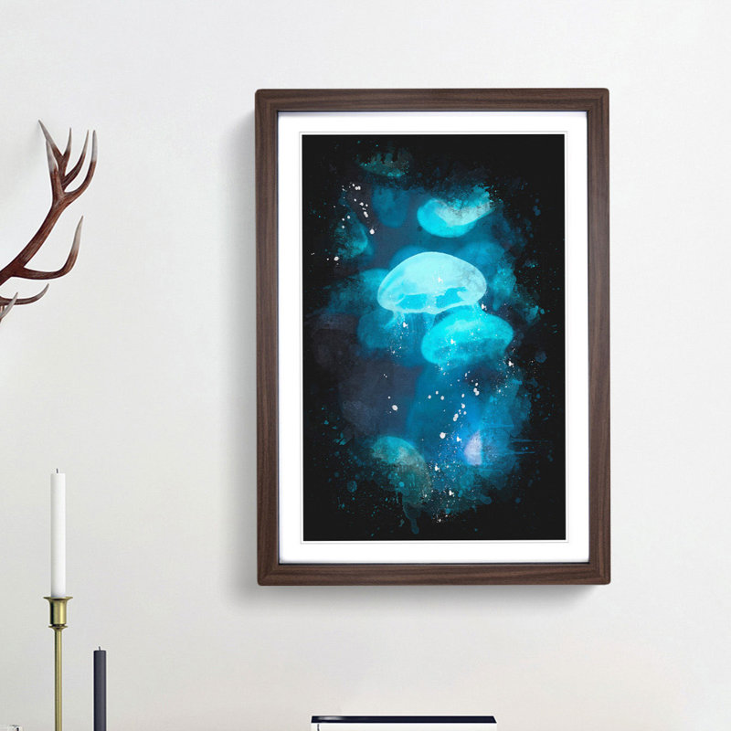 Blue Jellyfish - Picture Frame Graphic Art Print, 33cm H x 24cm W x 2cm D, Walnut Framed