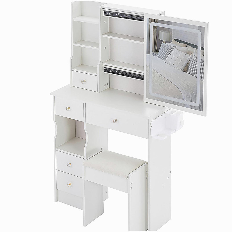 Petit meuble-lavabo de 29,2 po avec tiroir à gauche + tabouret rembourré, 2 blocs d'alimentation CA + 2 ports USB, support pour séchoir à cheveux, très grand miroir à DEL coulissant à commande tactile, changement de luminosité tricolore, réglage de la luminosité
